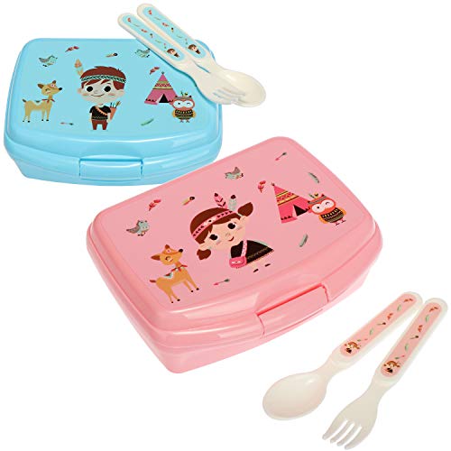 com-four® 6-teiliges Set aus Lunch-Box und Besteck, mit lustigen Indianer-Motiven für Jungs und Mädchen, Brotdosen mit Löffel und Gabel (pink/blau - 6tlg) von com-four