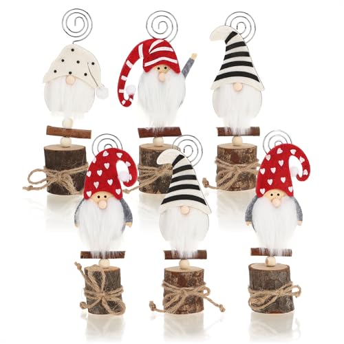 com-four® 6X Kartenhalter Wichtel - weihnachtlicher Tisch- und Grußkartenhalter aus Holz - Klammern für Menükarten, Namensschilder, Platzkarten und Fotos - Tischdeko (6 Stück - Wichtel - Mix 01) von com-four
