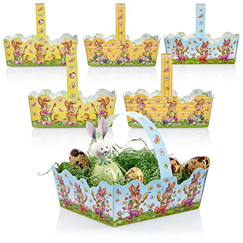 com-four® 6X Osterkorb mit Motiv - Pappkörbchen zum befüllen - Osternest für Geschenke und Ostereier - Geschenktasche aus Pappe mit Tragegriff (gelb orange blau) von com-four