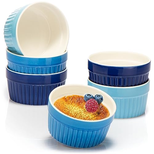 COM-FOUR® 6x Soufflé Förmchen - Creme Brulee Schälchen aus Keramik - Ofenfeste Förmchen - Dessertschale und Pastetenförmchen für z.B. Ragout Fin - je 200 ml - in verschiedenen Blautönen von com-four