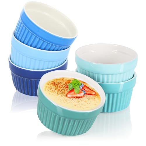 COM-FOUR® 6x Soufflé Förmchen - Creme Brulee Schälchen aus Keramik - Ofenfeste Förmchen - Dessertschale und Pastetenförmchen für z.B. Ragout Fin - je 200 ml - in verschiedenen Grün- und Blautönen von com-four