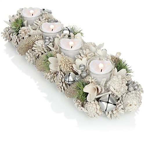 COM-FOUR® Adventskranz länglich, Kerzenständer Weihnachten für 4 Kerzen, Kerzenhalter, Adventsgesteck, XL Adventskerzenhalter, Kerzenleiste als Tischdeko (Adventsgesteck - 4 Kerzen) von com-four