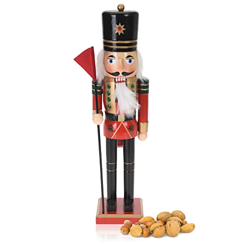 com-four® Dekofigur Nussknacker mit roter Fahne - Weihnachtsdeko in Form eines traditionellen Nussknackers - Deko-Nussknacker im klassischen Design (XL - Fahne rot) von com-four