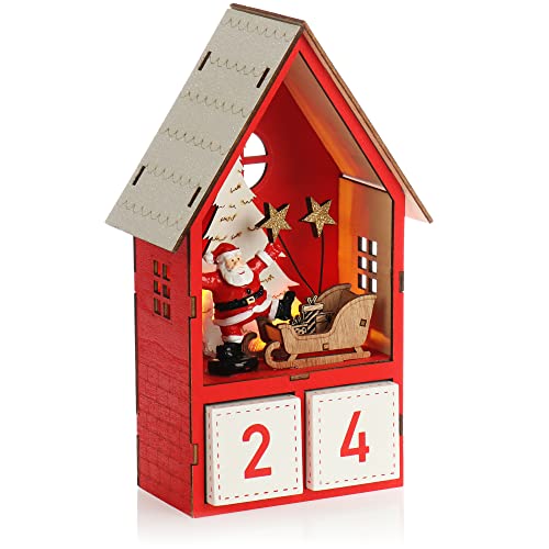COM-FOUR® LED Adventskalender aus Holz - Würfelkalender in Haus-Form - dekorativer Tischkalender als Countdown bis Weihnachten - beleuchteter Holzblockkalender (LED- Haus - rot) von COM-FOUR