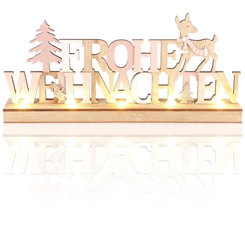 com-four® LED Deko Aufsteller aus Holz - beleuchteter Schriftzug auf Holzsockel - Deko-Schriftzug zum Hinstellen für Weihnachten - Stimmungslicht mit Timer (Rentiere - rosa) von com-four