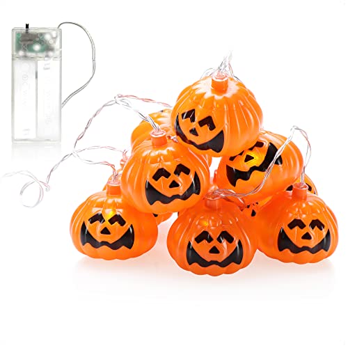 com-four® LED-Lichterkette mit Kürbissen - Halloween Beleuchtung mit 10 Kunststoff- Kürbissen - Festtagsdekoration für Halloween - batteriebetrieben [Auswahl variiert] (Kürbisse 10x - orange) von com-four