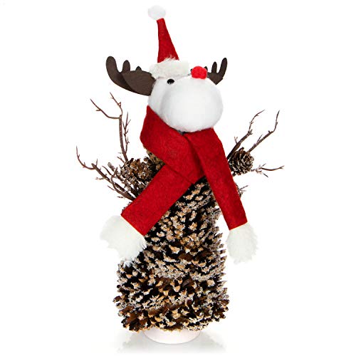 com-four® Rentierfigur Rudolf Größe L, winterliche Elch-Figur mit Tannenzapfenkörper, weihnachtliche Dekoration, hinreißende Tischdeko zur Adventszeit (Rentier L weiß rot) von com-four