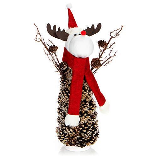com-four® Rentierfigur Rudolf Größe XL, winterliche Elch-Figur mit Tannenzapfenkörper, weihnachtliche Dekoration, hinreißende Tischdeko zur Adventszeit (Rentier XL weiß rot) von com-four