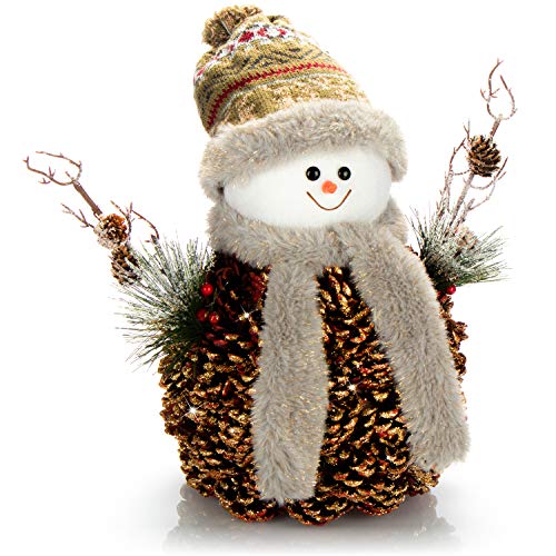 com-four® Schneemannfigur Größe L Premium, winterliche Dekofigur mit Tannenzapfenkörper, Handmade liebevolle weihnachtliche Details, hinreißende Tischdeko für die Adventszeit (goldfarben - L) von com-four