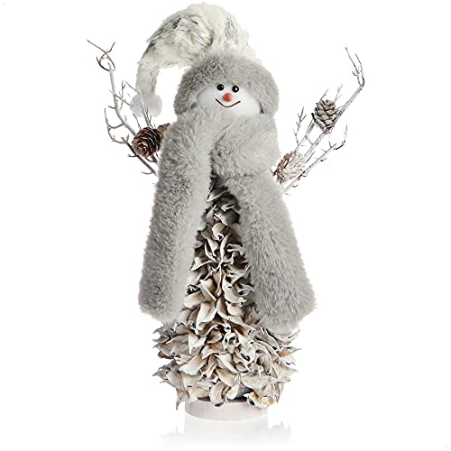 com-four® Schneemannfigur Größe L Premium, winterliche Dekofigur mit Zapfenkörper aus Blättern, Handmade liebevolle Handarbeit, hinreißende Tischdeko für die Adventszeit (weiß - L) von com-four