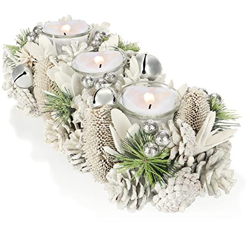 COM-FOUR® Teelichthalter - dekorativer Kerzenständer für Weihnachten und Herbst - Kerzenhalter mit natürlichen Materialien - Handarbeit (Adventsgesteck - 3 Kerzen) von com-four