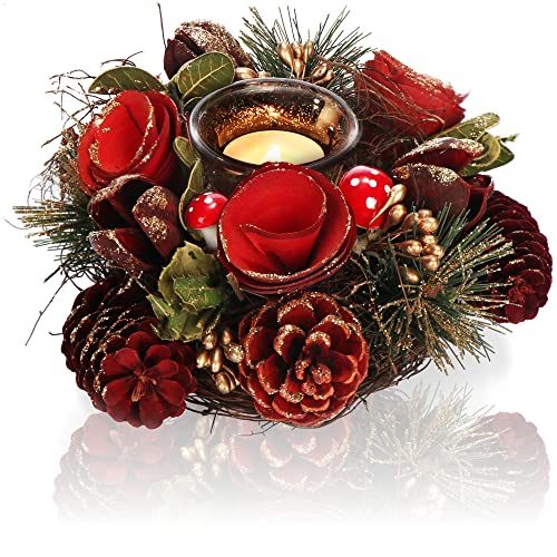 COM-FOUR® Teelichthalter - dekorativer Kerzenständer für Weihnachten und Herbst - Kerzenhalter mit natürlichen Materialien - Handarbeit (Adventsgesteck rote Blume - 1 Kerze) von com-four