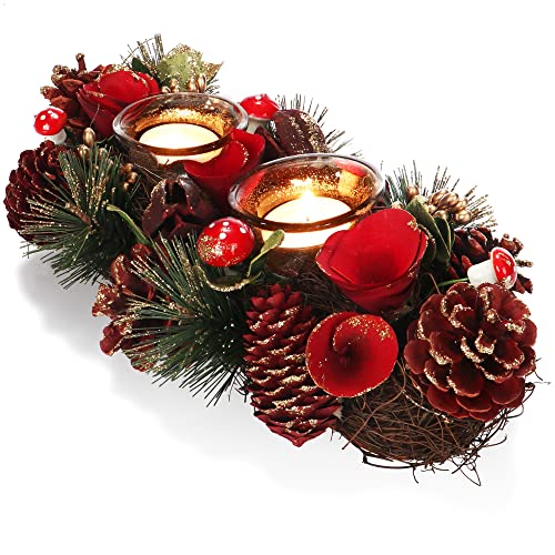 com-four® Teelichthalter - dekorativer Kerzenständer für Weihnachten und Herbst - Kerzenhalter mit natürlichen Materialien - Handarbeit (Adventsgesteck rote Blume - 2 Kerzen) von com-four