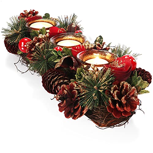 com-four® Teelichthalter - dekorativer Kerzenständer für Weihnachten und Herbst - Kerzenhalter mit natürlichen Materialien - Handarbeit (Adventsgesteck rote Blume - 3 Kerzen) von com-four