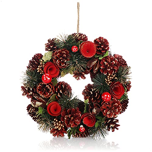 COM-FOUR® Türkranz Weihnachten - Adventskranz mit roten Blumen und Fliegenpilzen - Deko- und Tischkranz für Herbst und Weihnachten - liebevolle Handarbeit (Adventskranz rote Blume - L) von com-four