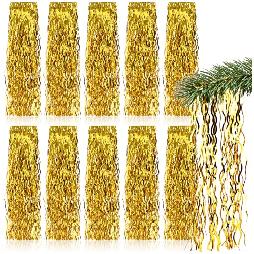 com-four® 10x Lametta - Goldfarbene Lametta Girlande für Weihnachten - Christbaumschmuck für den Tannenbaum - Lametta-Vorhang mit welligen Fäden von com-four