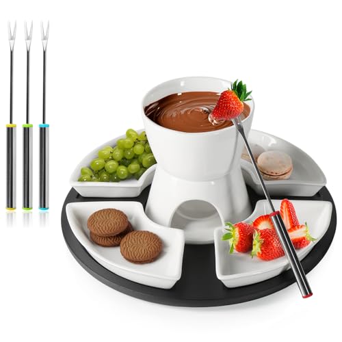 com-four® 11-teiliges Fondue-Set - bestehend aus Keramikschüssel, Teelichthalter, Serviertablett, 4 Gabeln, 4 Schälchen - Schmelztopf für Schokolade und Käse - Schmelztiegel (Set mit Tablett) von com-four