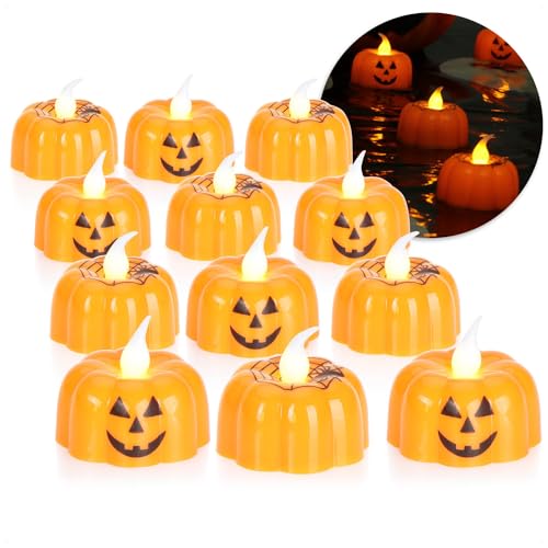 com-four® 12x LED Teelichter Halloween - flackernde Teelichter in Kürbisform - batteriebetriebene LED-Kerzen - Stimmungsbeleuchtung für Kürbisse (Set orange Kürbislichter - 12 Stück) von com-four