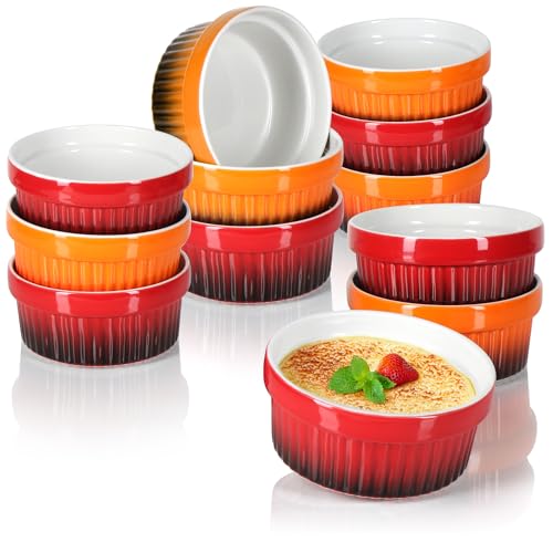 com-four® 12x Ragout Fin Schale - Ofenfeste Förmchen in rot und orange - Creme Brulee Schälchen - Dessertschale mit je 250 ml - spülmaschinengeeignet von com-four