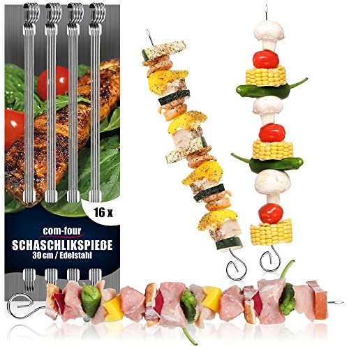 com-four® 16x Schaschlikspieße 30 cm aus Edelstahl - Lange Fleischspieße - Premium Grillspieße, Gemüsespieße im Set für BBQ, Grill, Fleisch, Schaschlik und Gemüse (30cm - 16 Stück) von com-four