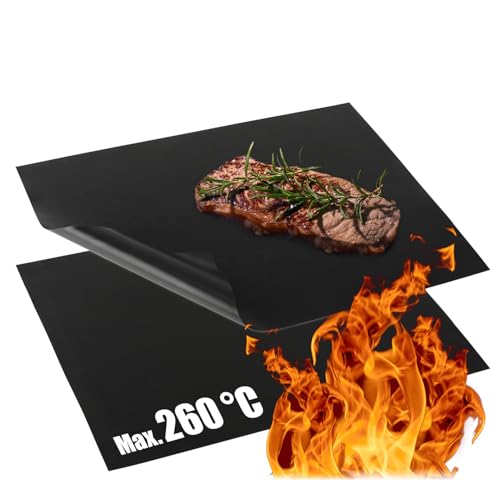 com-four® 2x BBQ Grillmatte aus Teflon - hitzebeständige Backofenmatte - Antihaft-Grillfolie - Grill- und Backunterlage - wiederverwendbar, zuschneidbar, spülmaschinengeeignet (2 Stück - schwarz) von com-four