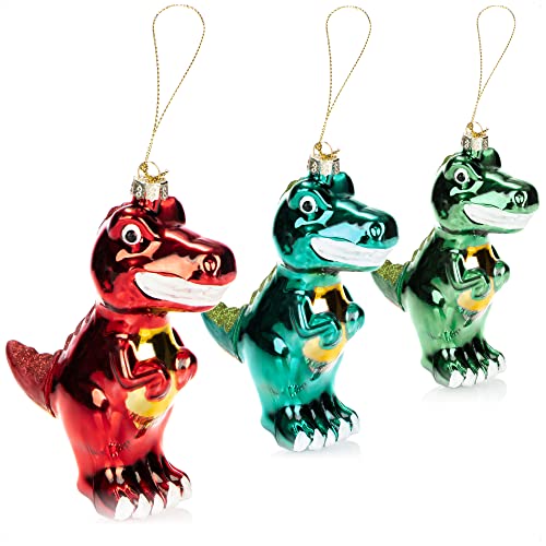 com-four® 3X Premium Christbaumschmuck - Deko-Dinosaurier aus echtem Glas - besondere Baumkugeln als Weihnachtsdeko - spezielle Weihnachtsbaumanhänger - hochwertige Christbaumkugeln (Dino - 3 Stück) von com-four