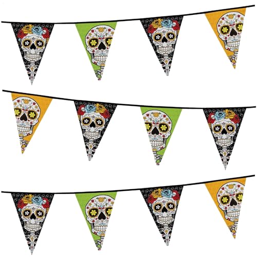 com-four® 3X Wimpelkette mit Totenkopf-Aufdruck - Girlande für Halloween und Motto-Party - Day of The Dead-Design - Fähnchenkette von com-four