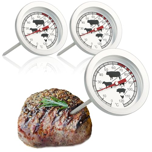 com-four® 3x Bratenthermometer aus Edelstahl - analoges Fleischthermometer bis 120 °C - Grillthermometer - Fleischnadel - 10 cm (003 Stück) von com-four