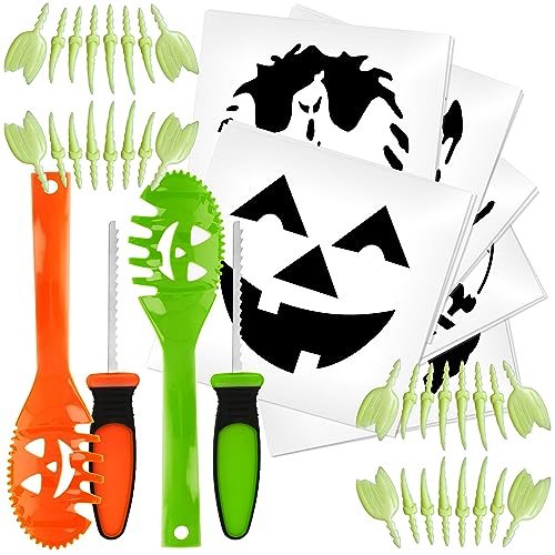 com-four® 48-teiliges Set zum Aushöhlen und Schnitzen von Kürbissen zu Halloween - mit Kürbislöffel, Schnitzmesser, Schnitz-Vorlagen und Kunstzähnen (48-teilig - mit Zähnen) von com-four