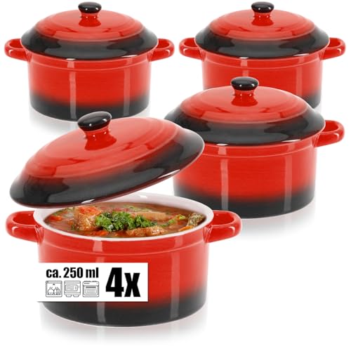 com-four® 4x Auflaufform mit Deckel aus Keramik - Dessertschale für z.B. Ragout fin in rot, 250/175 ml je Form (4 Stück - rot) von com-four