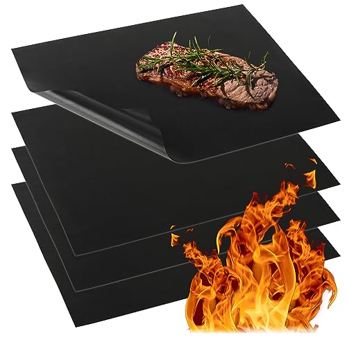 com-four® 4x BBQ Grillmatte aus Teflon - hitzebeständige Backmatte - Antihaft-Grillfolie - Grill- und Backunterlage - wiederverwendbar, zuschneidbar, spülmaschinengeeignet (4 Stück - schwarz) von com-four