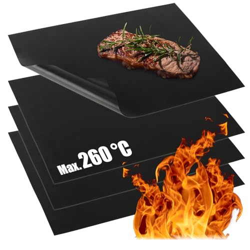 com-four® 4x BBQ Grillmatte aus Teflon - hitzebeständige Backmatte - Antihaft-Grillfolie - Grill- und Backunterlage - wiederverwendbar, zuschneidbar, spülmaschinengeeignet (4 Stück - schwarz) von com-four