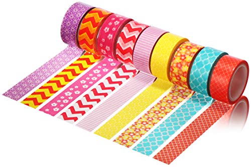 com-four® 9x Klebeband zum Basteln - Bunte Klebestreifen zur Dekoration - Washi Band - Dekoklebebänder mit verschiedenen Mustern [Auswahl variiert] (09 Stück - Klebeband bunt) von com-four