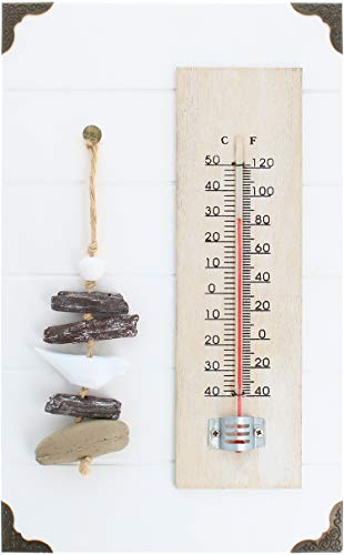 com-four® Analoges Thermometer - Maritimes Wandthermometer für innen - Temperaturmesser mit Skala in Grad Celsius und Grad Fahrenheit (01 Stück - mit Stein-Deko) von com-four