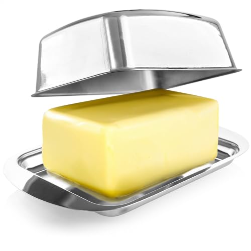 com-four® Butterdose Edelstahl - Große Butterglocke aus Edelstahl - Butterschale mit Deckel - spülmaschinengeeigneter Butterbehälter - Buttergefäß (silberfarben - Hochglanz) von com-four