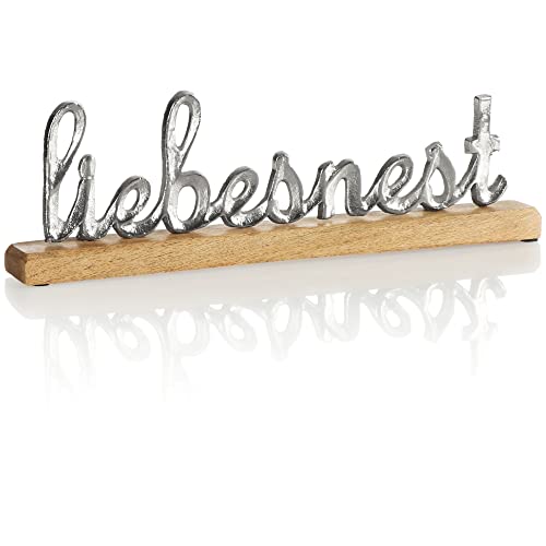 com-four® Deko Aufsteller liebesnest - Schriftzug aus Metall im Kreis aus Mangoholz - Deko-Schriftzug zum Hinstellen - 40,5x12,5x5cm (silberfarben - LIEBESNEST) von com-four