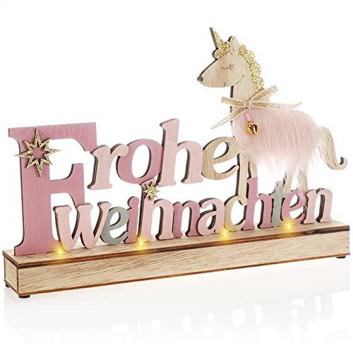 com-four® LED Deko Aufsteller aus Holz - beleuchteter Schriftzug auf Holzsockel - Deko-Schriftzug zum Hinstellen für Weihnachten - Stimmungslicht mit Timer (rosa + Einhorn) von com-four