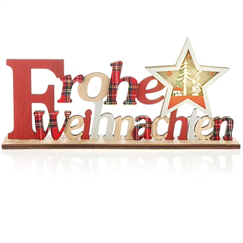 com-four® LED Deko Aufsteller aus Holz - beleuchteter Schriftzug auf Holzsockel - Deko-Schriftzug zum Hinstellen für Weihnachten - Stimmungslicht mit Timer (rot + Stern) von com-four