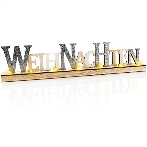 com-four® LED Deko Aufsteller aus Holz - beleuchteter Schriftzug auf Holzsockel - Deko-Schriftzug zum Hinstellen für Weihnachten - Stimmungslicht mit Timer (silberfarben) von com-four