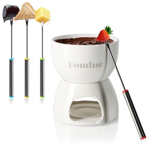 com-four® Premium Schokoladenfondue-Set - Keramikschale mit Teelichthalter und 4 Gabeln - Schmelztopf für Schokolade und Käse - Schmelztiegel - Dessert-Dipschale für 4 Personen - Schmelzgefäß (weiß) von com-four