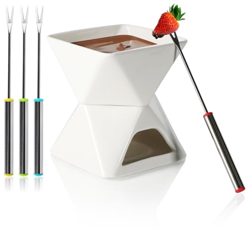 com-four® Schokoladenfondue-Set - Schmelztopf für Schokolade und Käse - Keramikschale mit Teelichthalter und 4 Gabeln - Schmelztiegel - Dessert-Dipschale für 4 Personen - Schmelzgefäß (weiß - eckig) von com-four