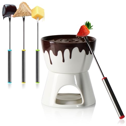 com-four® Schokoladenfondue-Set - Schmelztopf für Schokolade und Käse - Keramikschale mit Teelichthalter und 4 Gabeln - Schmelztiegel - Dessert-Dipschale für 4 Personen - Schmelzgefäß (weiß/braun) von com-four