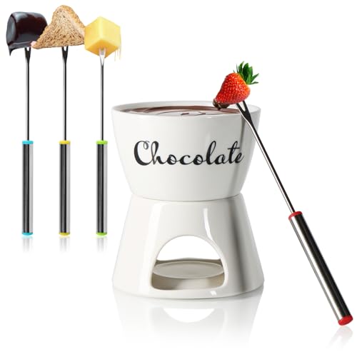 com-four® Schokoladenfondue-Set mit Schriftzug - Schmelztopf für Schokolade und Käse - Keramikschale mit Teelichthalter und 4 Gabeln - Schmelztiegel-Dipschale für 4 Personen (weiß - Schriftzug) von com-four