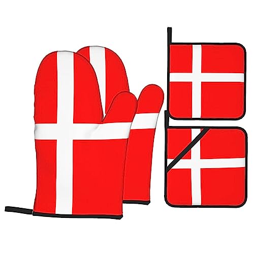 Dänemark Dänische Flagge Küche Backen Vierteiliges Set Topflappen Grillhandschuhe zum Kochen, Backen und Grillen von COMAAM