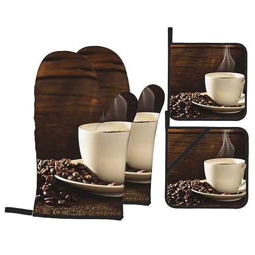 Kaffeetasse Und Kaffeebohnen Küche Backen Vier Stück Set Topflappen Ofenhandschuhe Für Grillen Kochen Und Backen von COMAAM