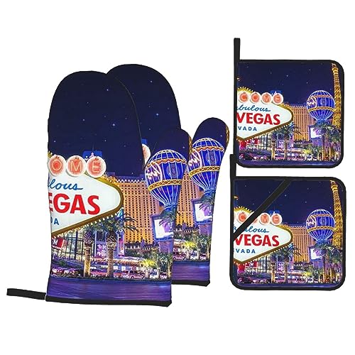 Las Vegas Night City Küchenbacken 4-teiliges Set Topflappen Ofenhandschuhe zum Grillen Kochen und Backen von COMAAM