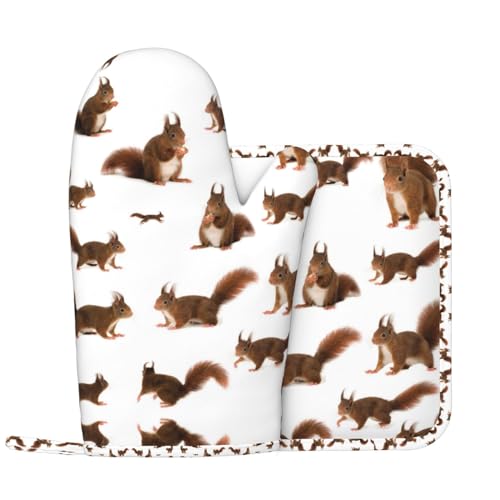 Niedliche Eichhörnchen-Ofenhandschuhe und Topfabdeckung (linke Handabdeckung), Küchenofenhandschuhe sind zum Backen und Kochen geeignet von COMAAM