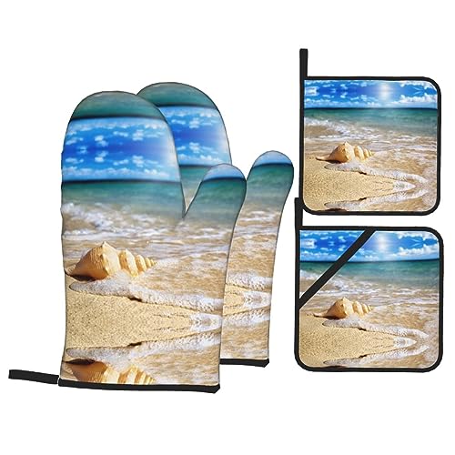 Ocean Seashell Küche Backen 4-teiliges Set Topflappen Ofenhandschuhe zum Grillen Kochen und Backen von COMAAM