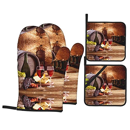 Rotweinkeller Küche Backen Vierteiliges Set Topflappen Ofenhandschuhe Zum Grillen Kochen Und Backen von COMAAM