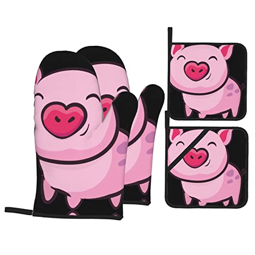Smile Pink Pig Küche Backen 4-teiliges Set Topflappen Ofenhandschuhe zum Grillen Kochen und Backen von COMAAM
